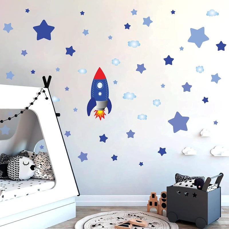 Kasubeso Large Rocket and Star Wall Decals, Outer Space Wall Stickers, Peel and Stick Removable Star Sticker, Art Decor for Kids Boys Bedroom Nursery Living Room,Playroom Classroom Decoration - Image 2